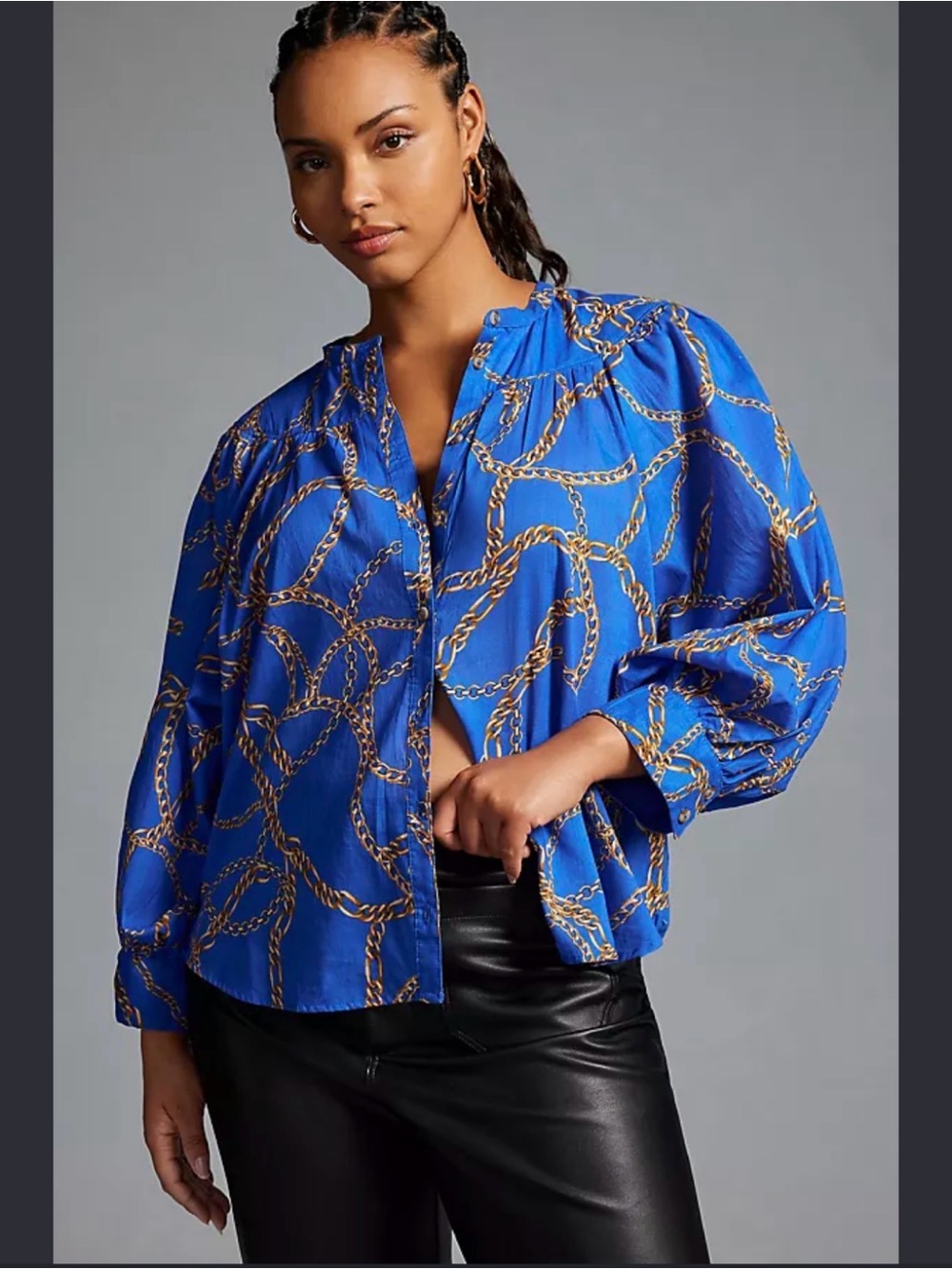 Maeve Anthropologie Blue Chain Print Balloon Sleeve Button Front Blouse XL